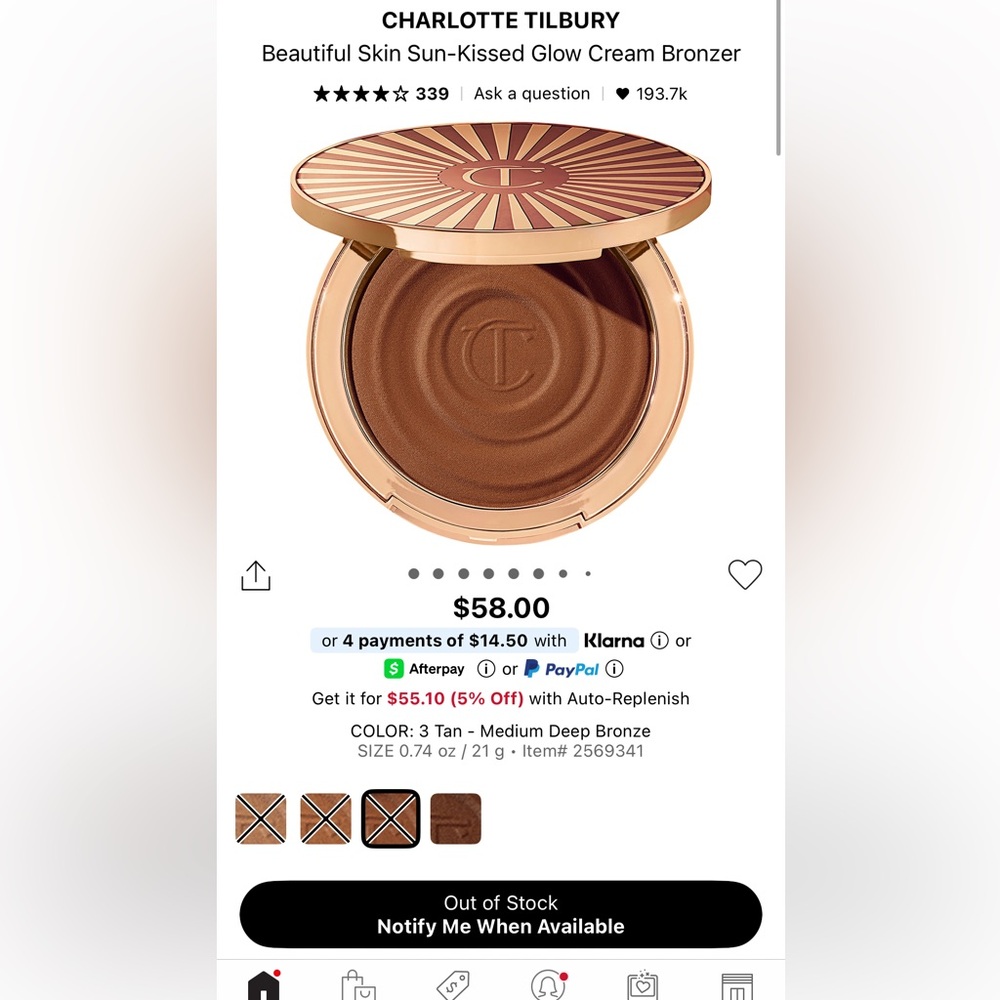 Charlotte Tilbury Tan Bronzer Radiant Glow- 3 tan